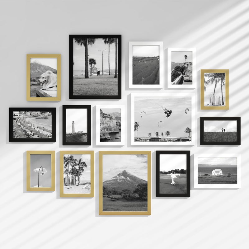 Venusmiles 15 Pack Picture Frames Collage Wall Decor, Gallery Frame Set for Wall Mounting or Tabletop Display, Multi Sizes Including 3pcs 8x10, 6pcs 5x7, 6pcs 4x6, Black+White+Gold - Image 1